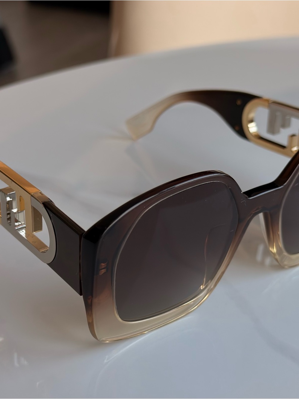 Fendi Brown to Cream Gradient Square Sunglasses with Gold Logo Accents